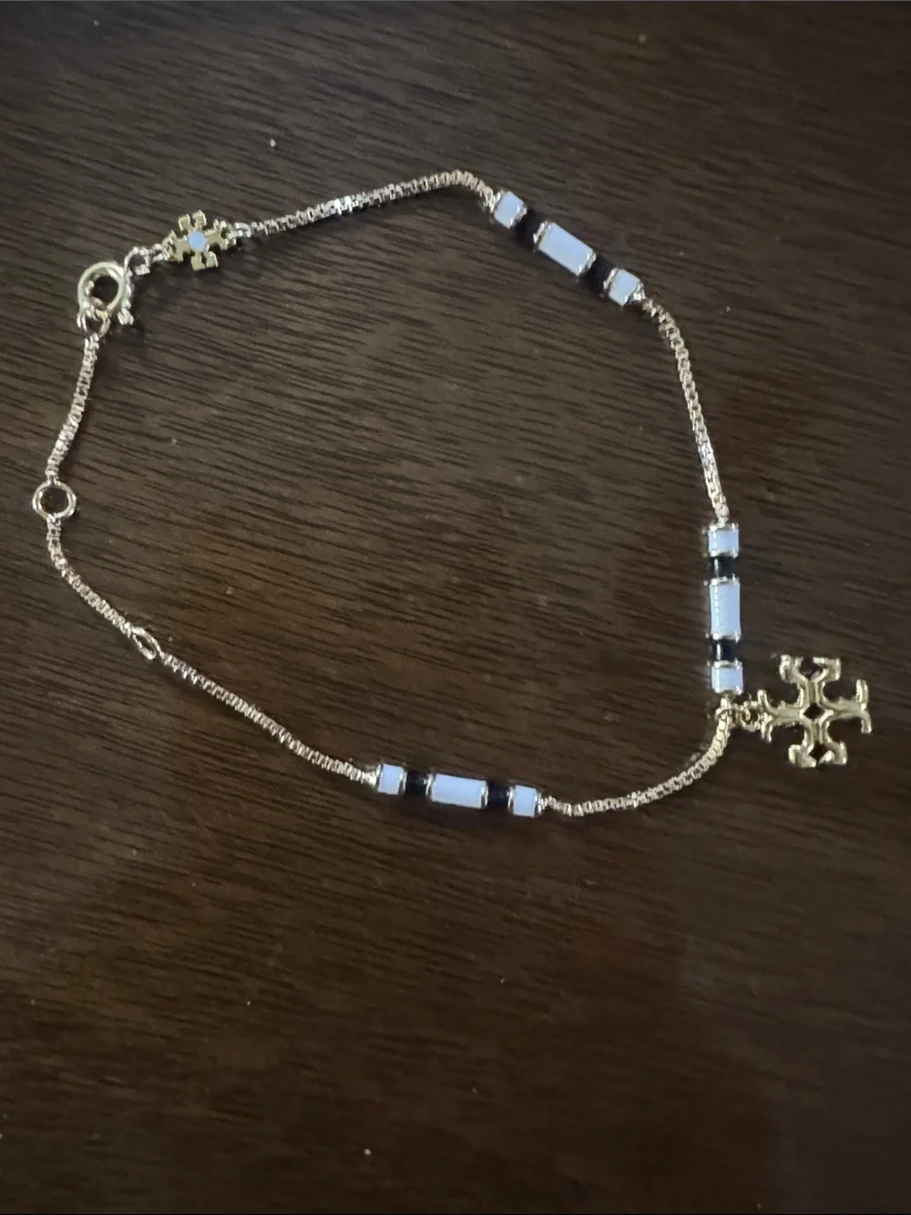 Tory Burch Gold Chain Bracelet with White Enamel Beads and Logo Charm NEW $129